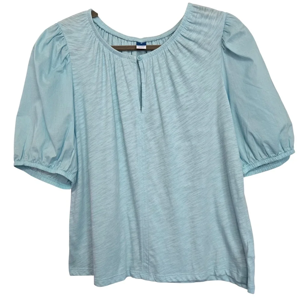 Old Navy Cute Casual Womens M Blue Cotton Slub Knit Puff Sleeve Keyhole Top